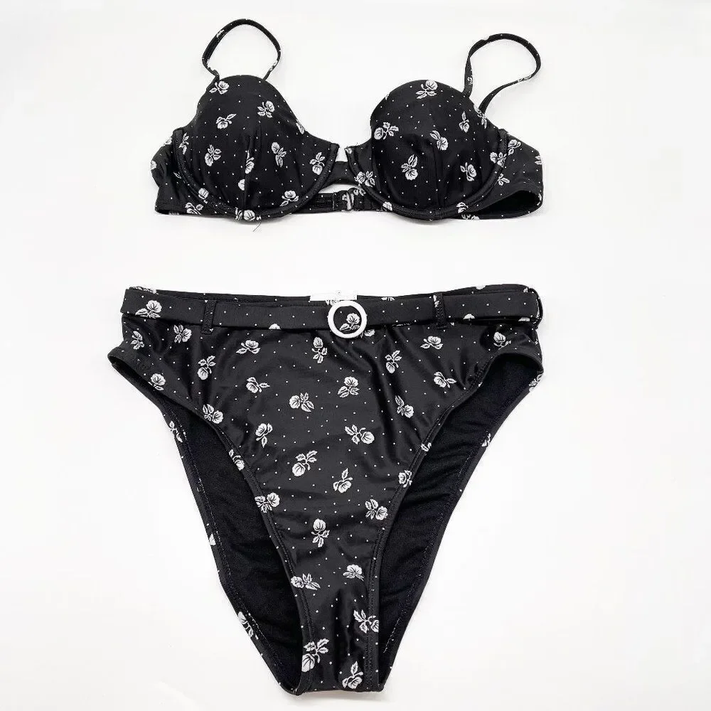 ONIA Black Polka Dot Floral High Waist Bikini Set